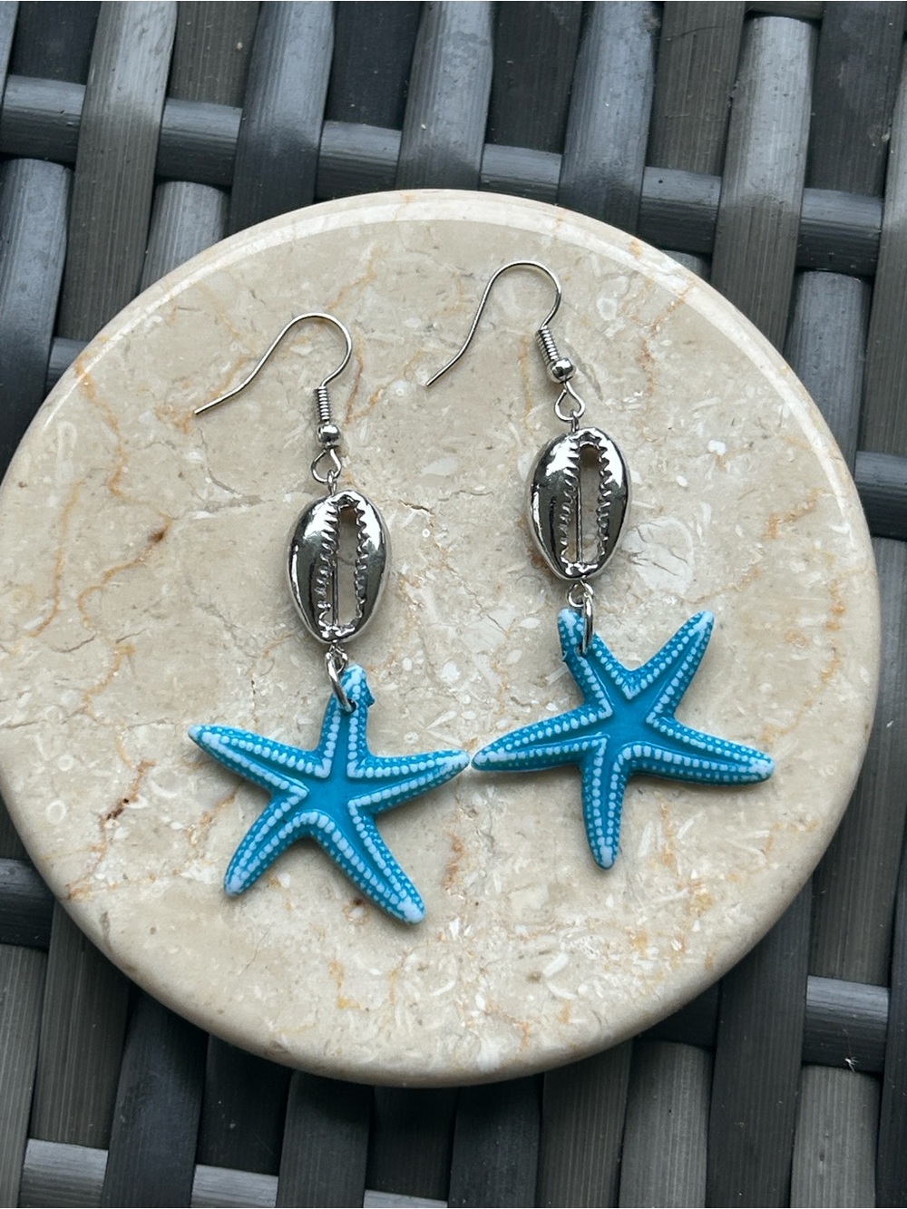 Blue Starfish Drop Earrings with Silver Shell Accent